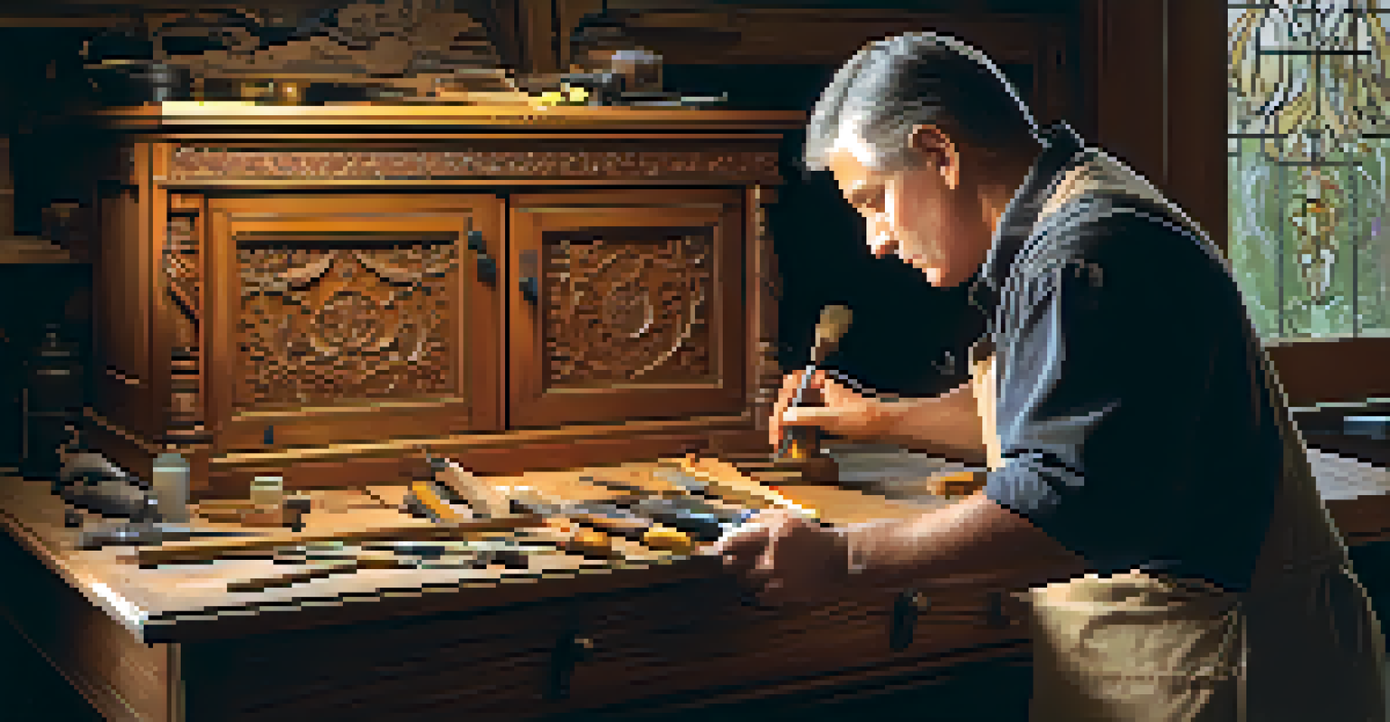 A craftsman restoring a carved wooden cabinet, highlighting the intricate floral detail in warm, natural light.