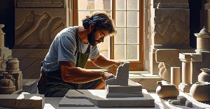 A stone carver meticulously chiseling a marble block, with tools and soft light creating a warm atmosphere.