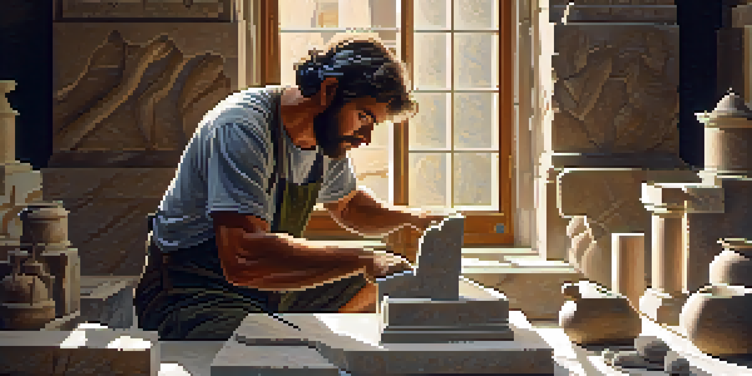 A stone carver meticulously chiseling a marble block, with tools and soft light creating a warm atmosphere.
