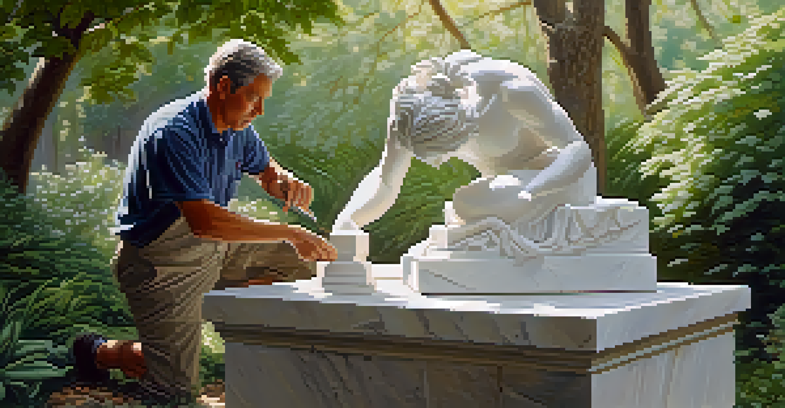 An artist chiseling a marble sculpture in a peaceful outdoor setting, surrounded by greenery and dappled sunlight, focusing on the carving process.