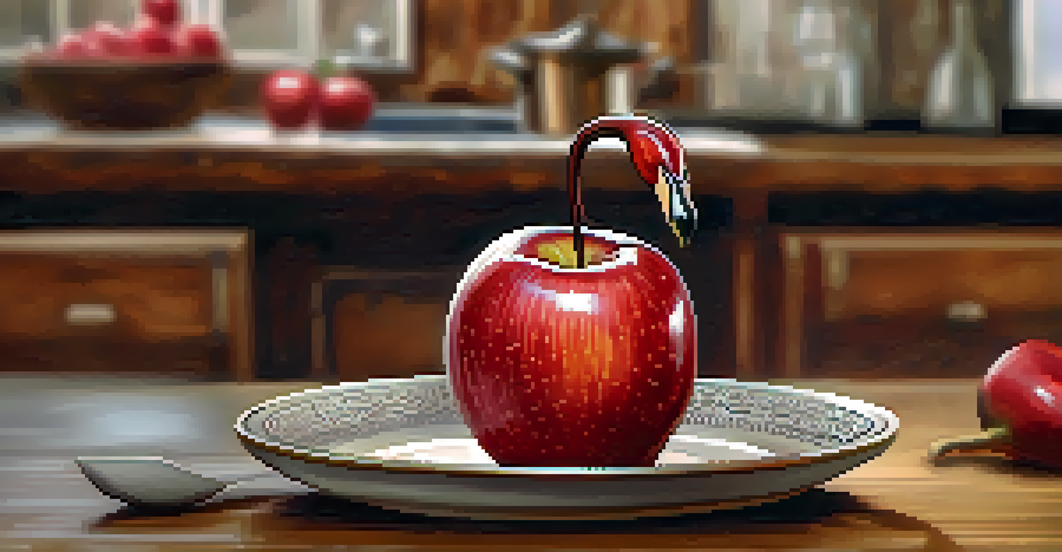 A close-up view of a carved apple swan on a rustic table, showcasing intricate details.