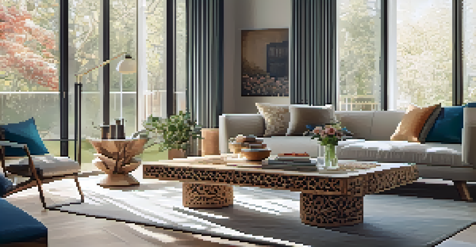 A carved wooden coffee table in a modern living room, surrounded by contemporary furniture and illuminated by natural light.