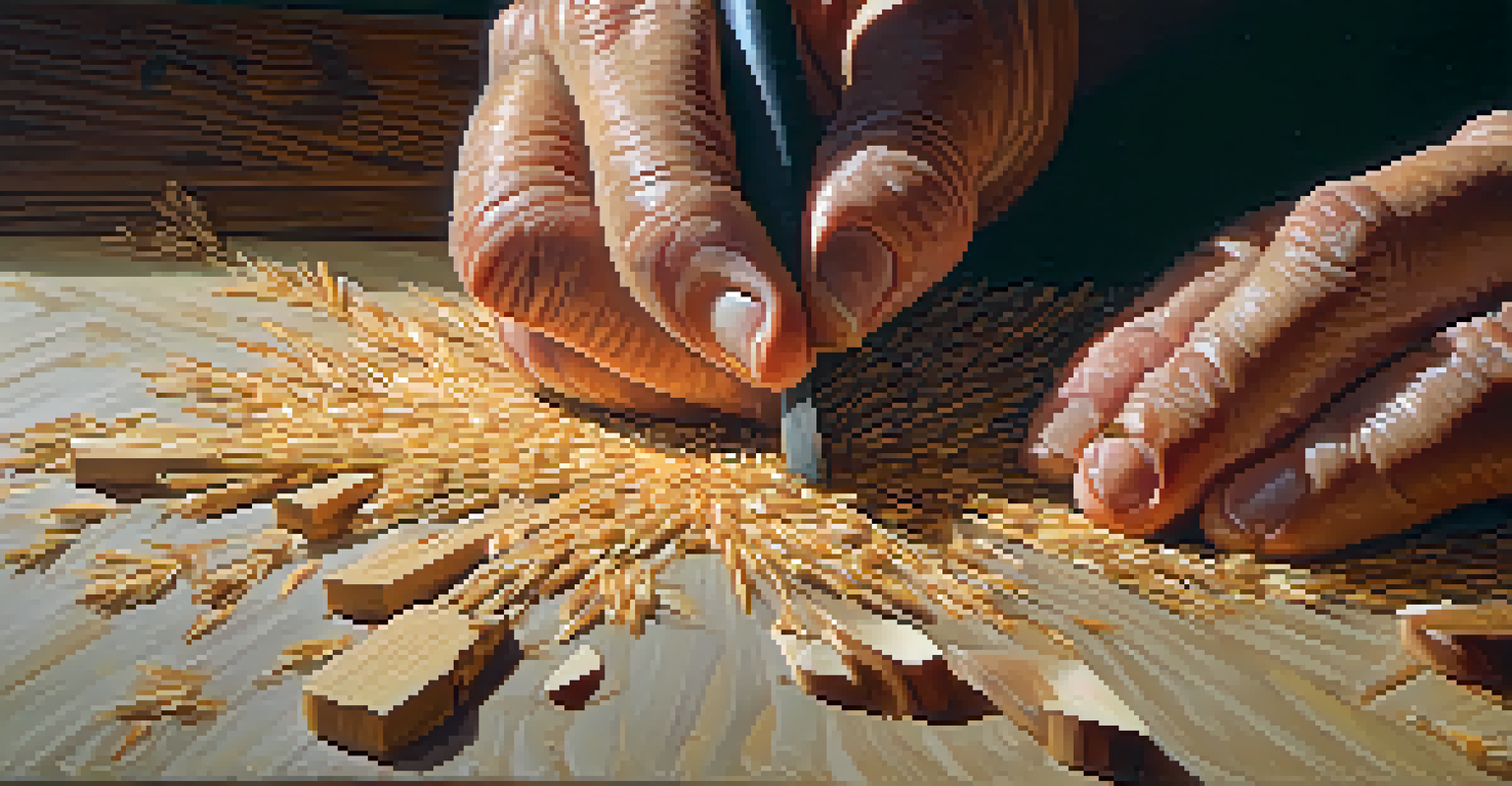 An artist carving wood with a chisel, surrounded by wood shavings, showcasing their craftsmanship.