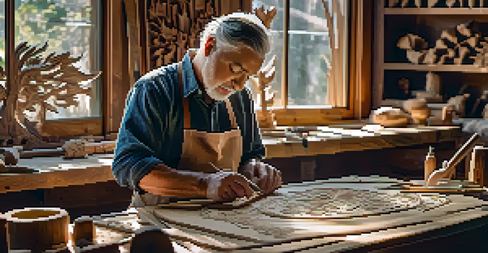 An artisan focused on wood carving in a workshop, surrounded by tools and illuminated by natural light.
