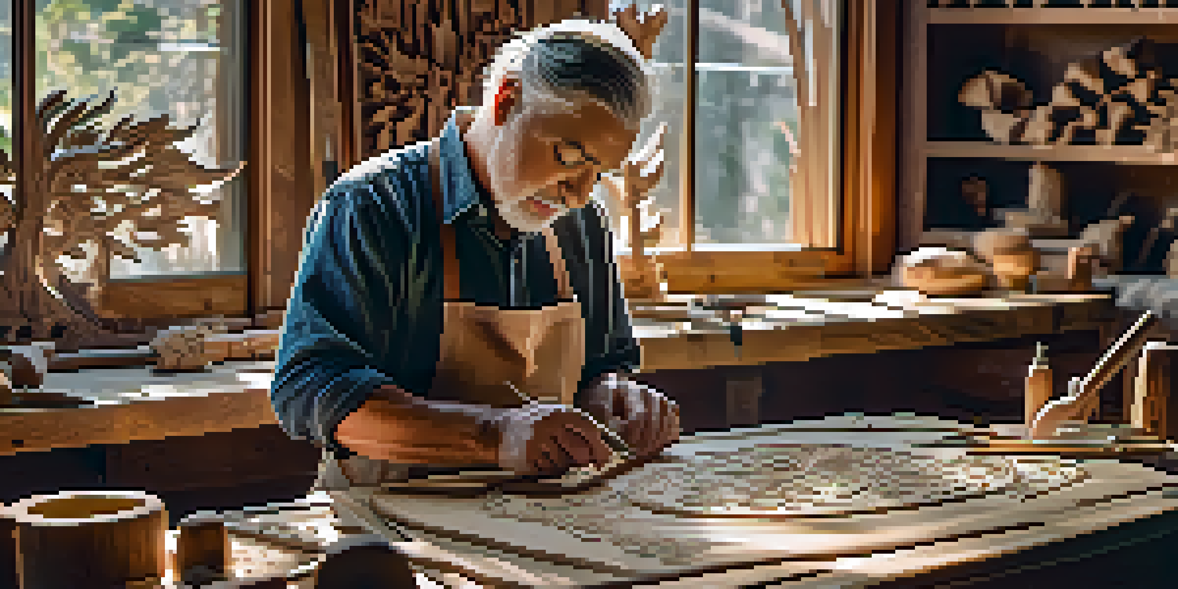 An artisan focused on wood carving in a workshop, surrounded by tools and illuminated by natural light.