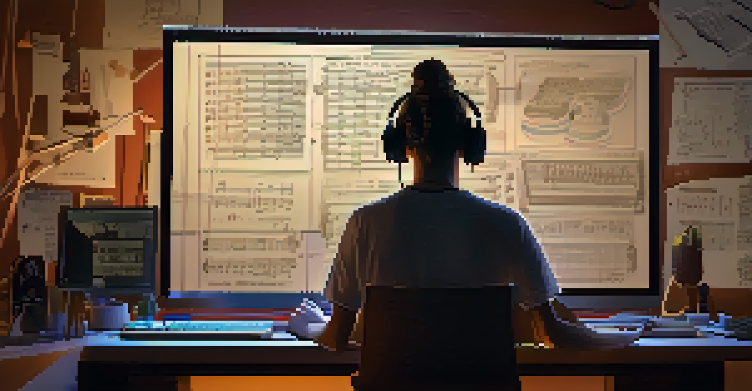 An artist works on a computer, designing a musical instrument using CAD software, with sketches and notes scattered around.