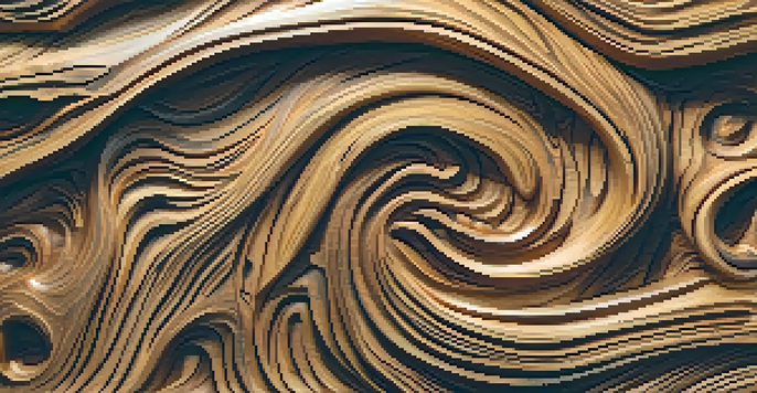 Close-up of a wooden sculpture with intricate patterns resembling tree bark, illuminated by soft light.