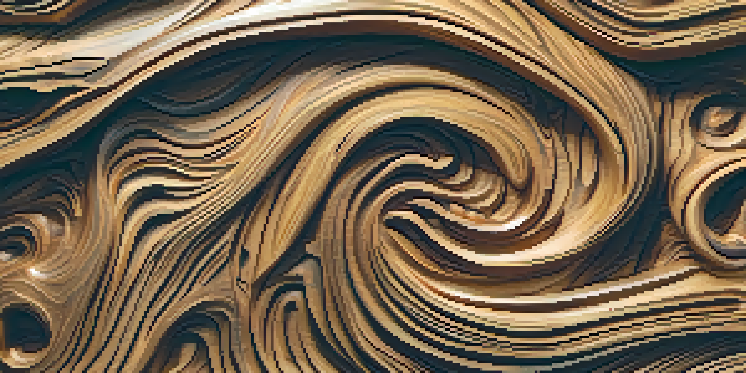 Close-up of a wooden sculpture with intricate patterns resembling tree bark, illuminated by soft light.