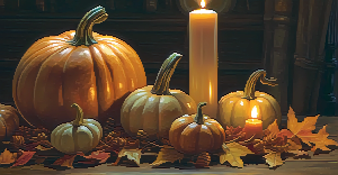 A carved pumpkin centerpiece on a wooden table, decorated with autumn leaves and small gourds, illuminated by candlelight.