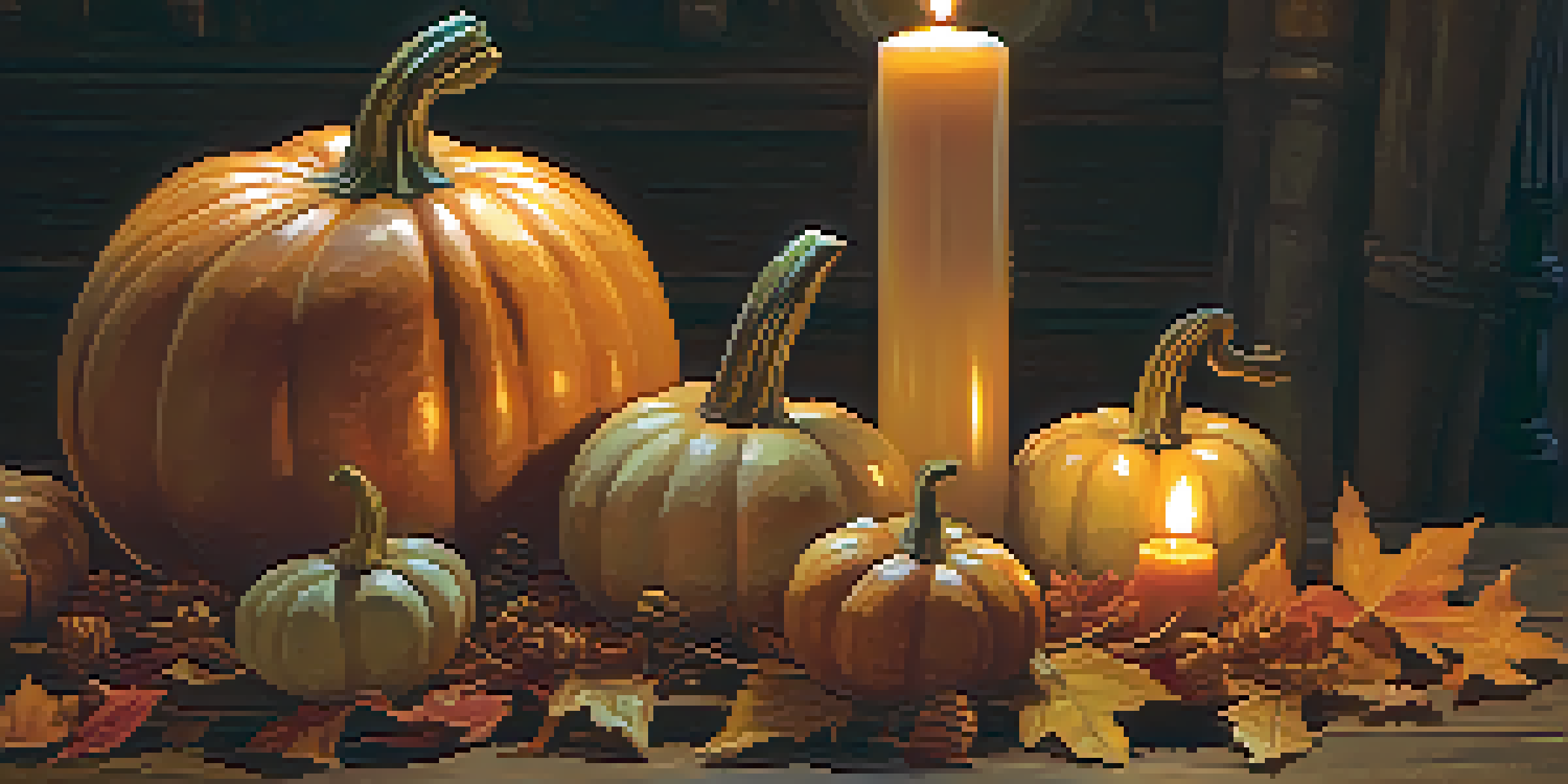 A carved pumpkin centerpiece on a wooden table, decorated with autumn leaves and small gourds, illuminated by candlelight.