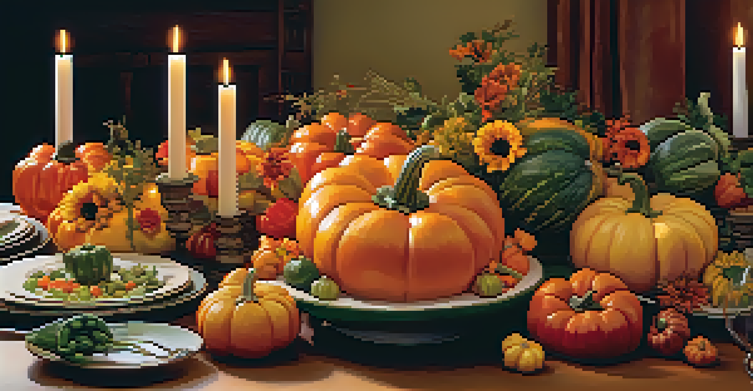 An artistic arrangement of seasonal vegetables, including carved pumpkins and colorful bell peppers, set with warm candlelight for a cozy dinner party ambiance.