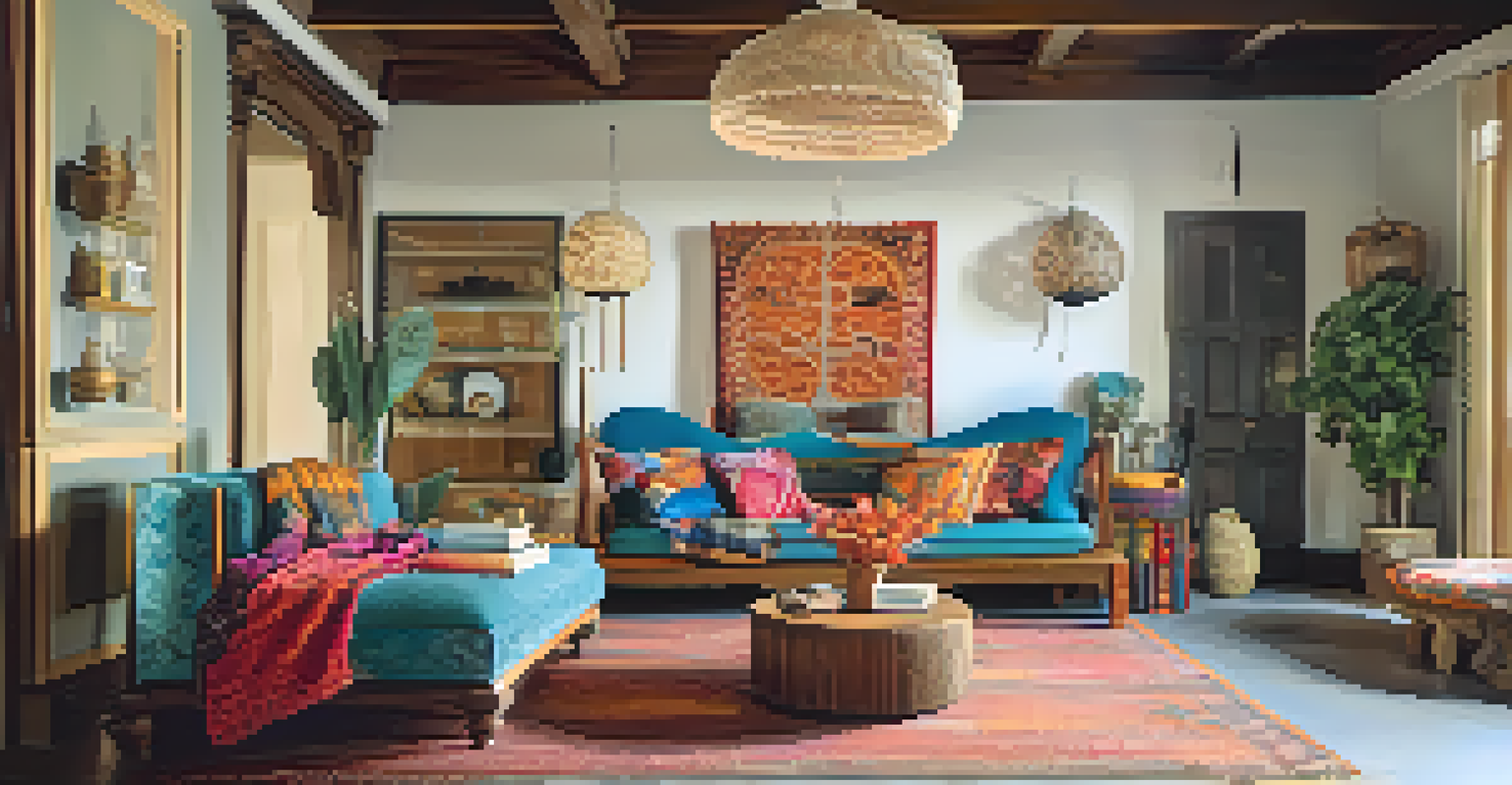 An eclectic living room with colorful textiles and a prominently displayed carved wooden chair.