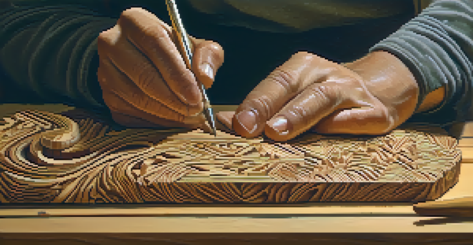 An artisan carefully carving designs into wood with focused expression and wood shavings around.