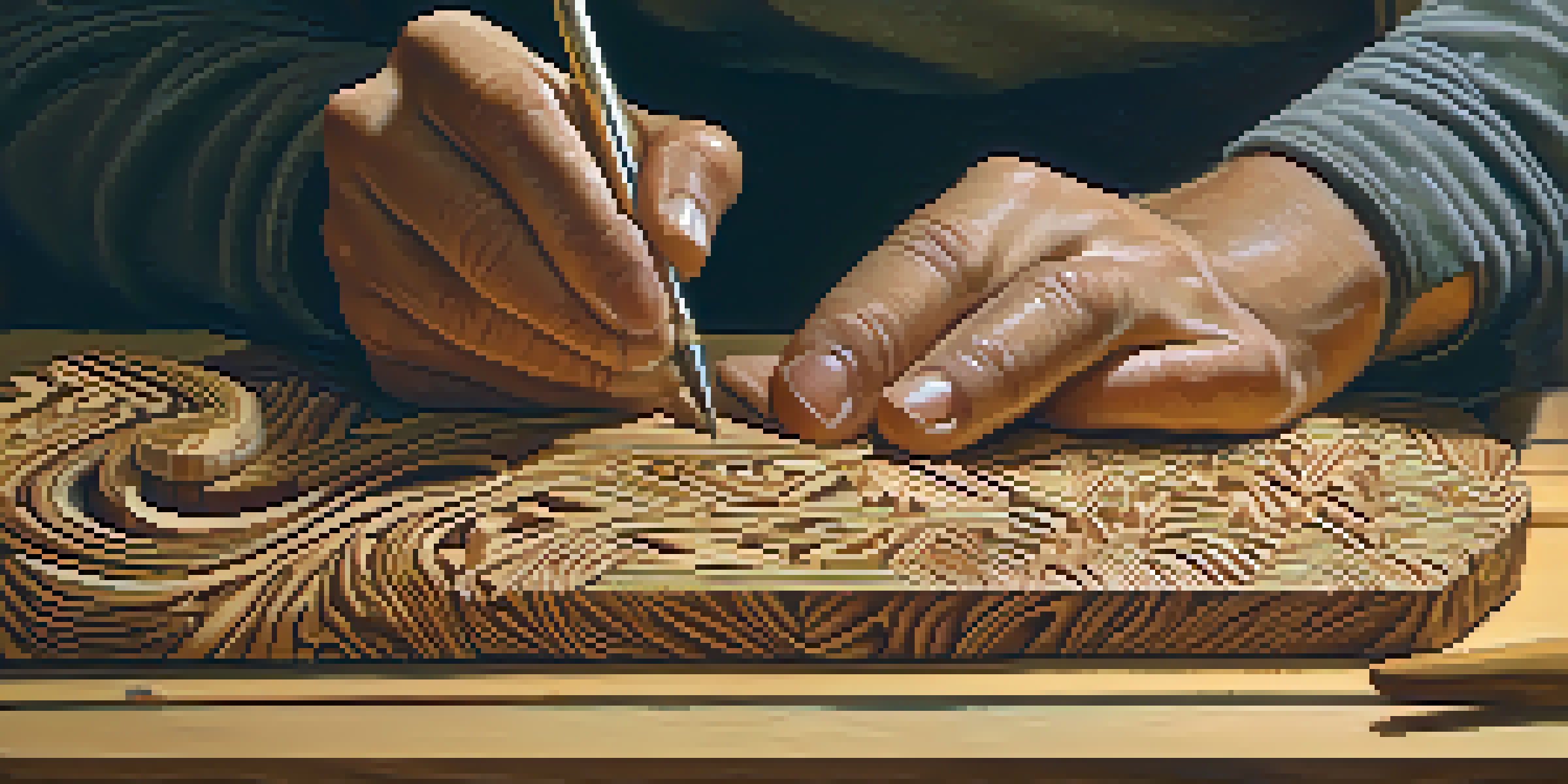 An artisan carefully carving designs into wood with focused expression and wood shavings around.
