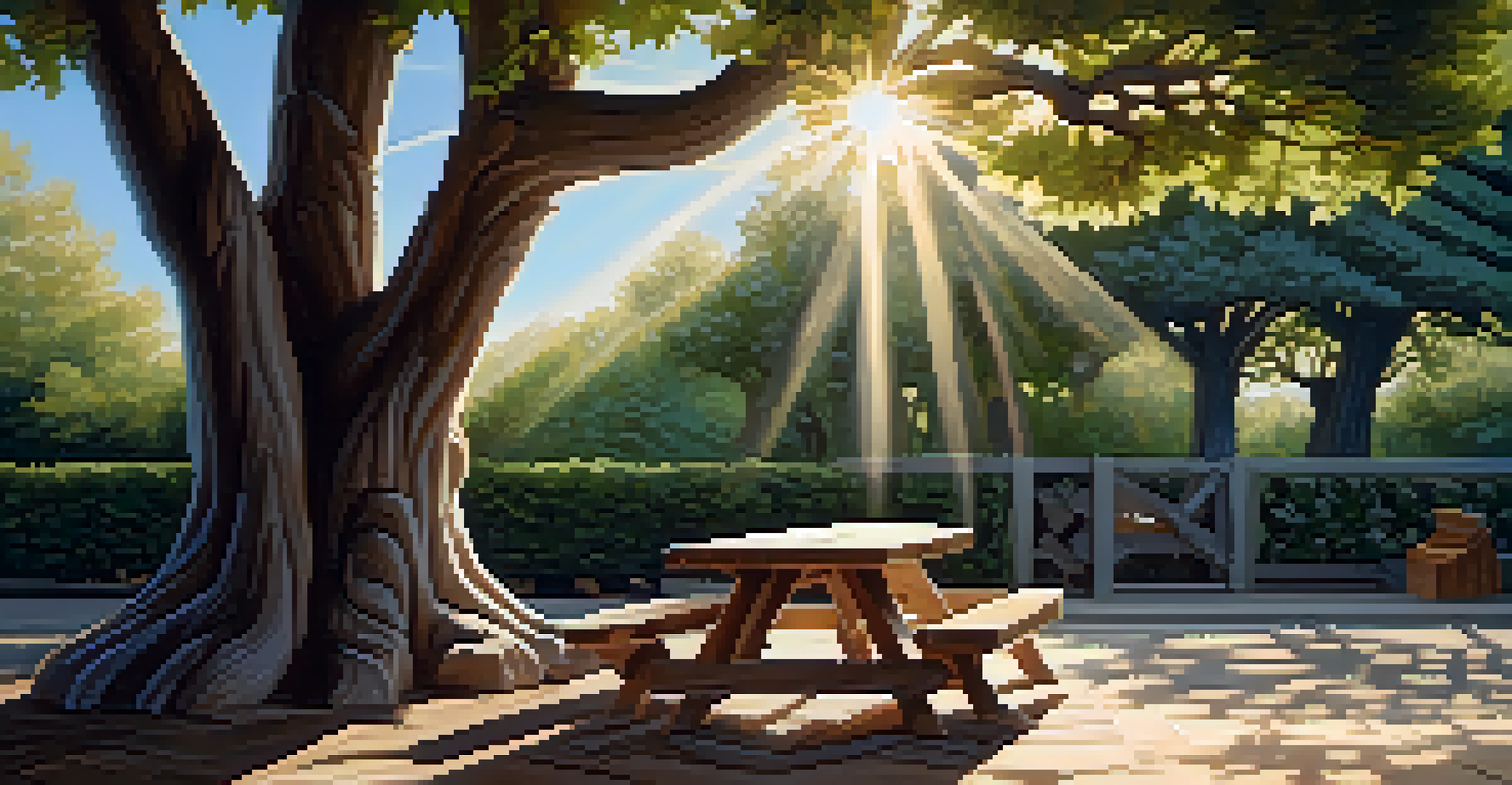 An outdoor wooden carving area featuring a completed sculpture under a tree, with tools on a table and sunlight filtering through the leaves.