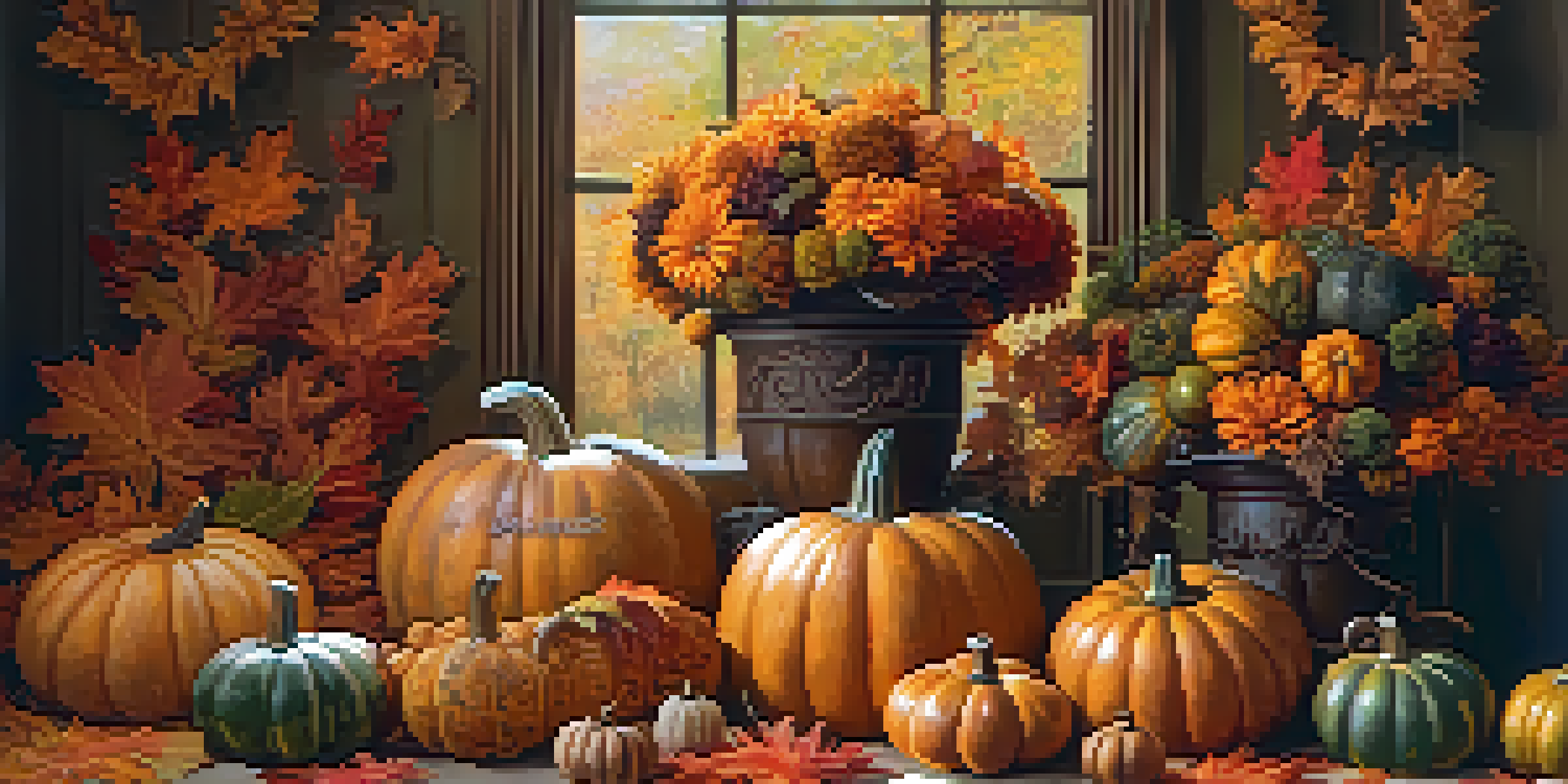 A collection of carved pumpkins in autumn colors, surrounded by gourds and autumn leaves, with warm lighting creating a cozy atmosphere.