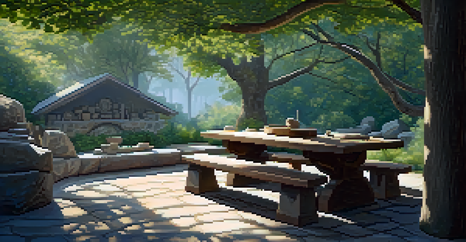 An outdoor stone carving area surrounded by nature, with tools and stones on a wooden table, illuminated by soft sunlight.