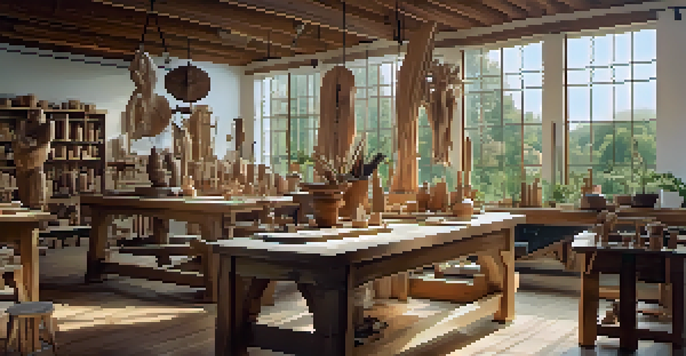 Artisans working in a sunlit wood carving workshop with wooden sculptures and tools visible.