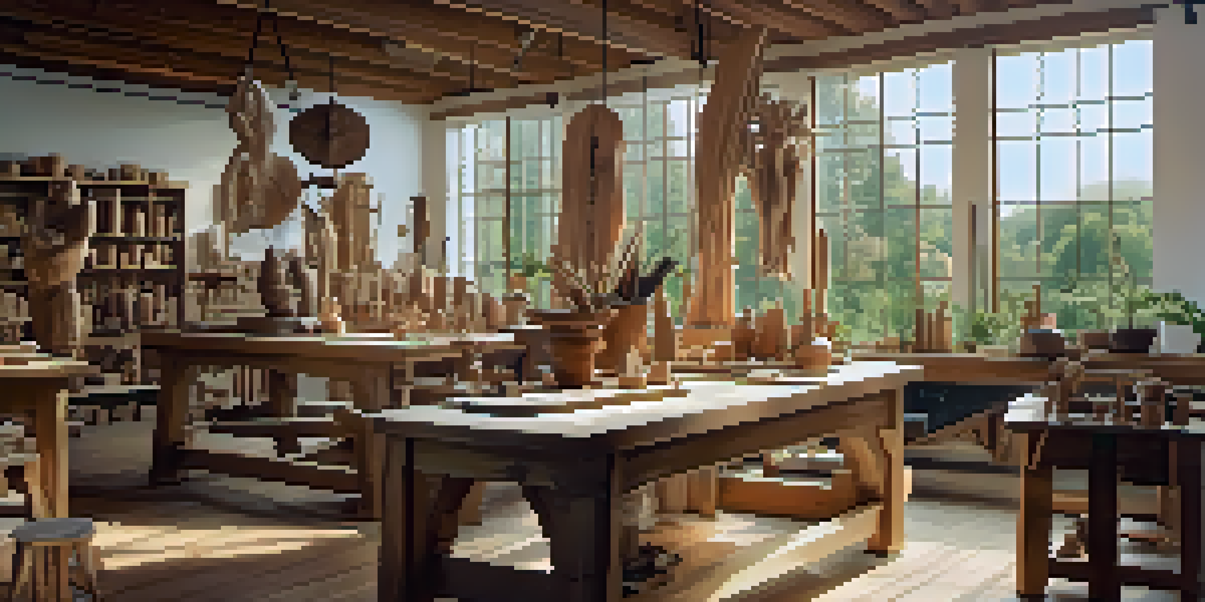 Artisans working in a sunlit wood carving workshop with wooden sculptures and tools visible.