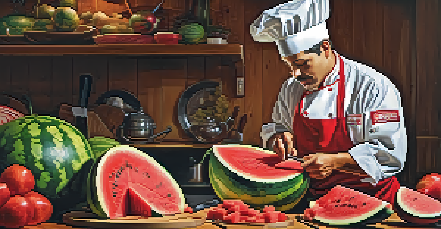 A chef carving a watermelon into a fish design with colorful tools on a wooden countertop.
