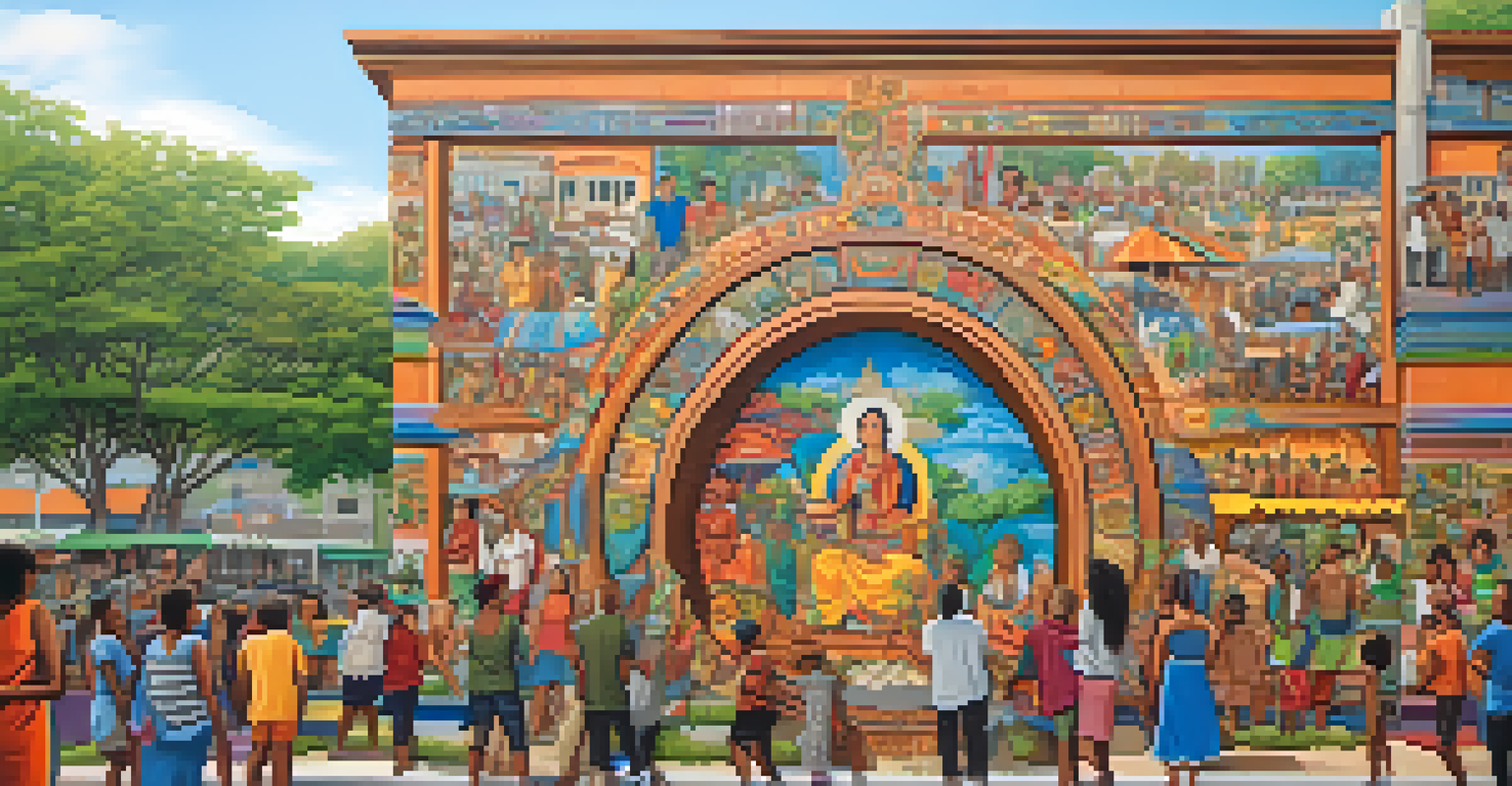 A vibrant mural illustrating community stories and cultural narratives, with people admiring it in an urban setting.
