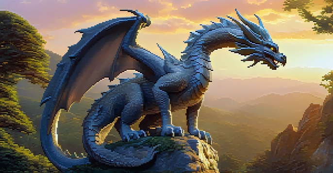 A carved stone dragon with detailed scales, set against a sunset backdrop with a misty valley in the background.