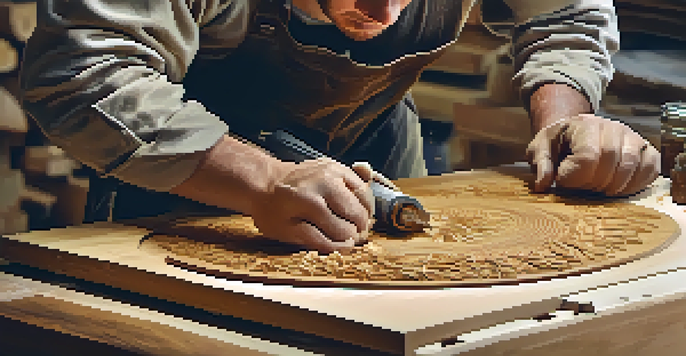 A skilled artisan is focused on power carving oak wood, with wood shavings in the air and various tools visible in a well-lit workspace.