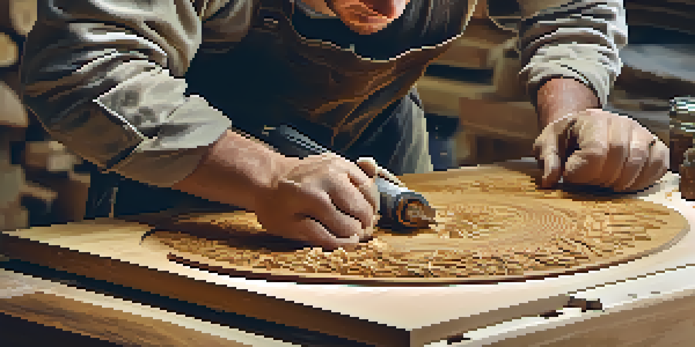 A skilled artisan is focused on power carving oak wood, with wood shavings in the air and various tools visible in a well-lit workspace.
