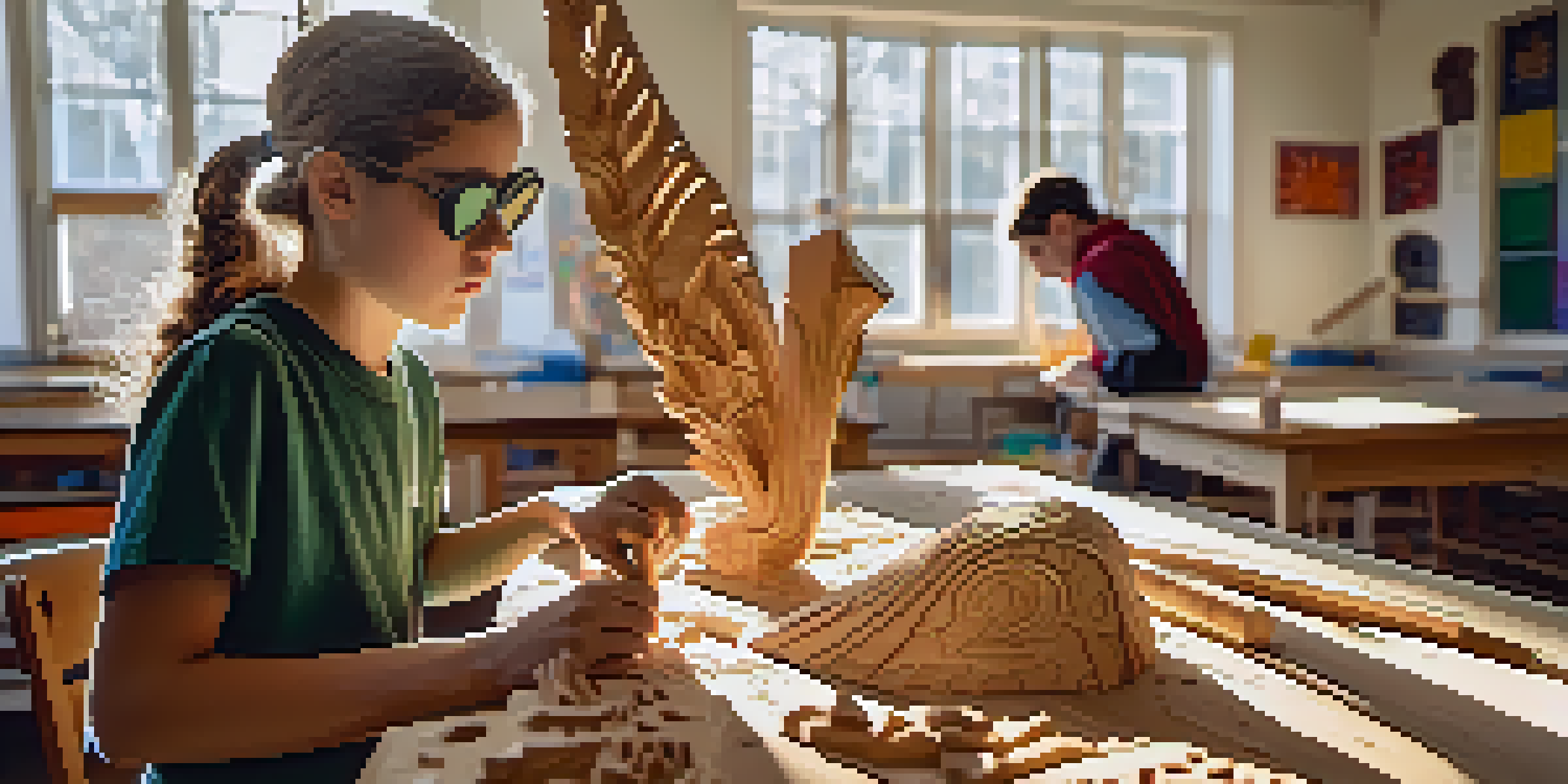 A middle school student carving a wooden sculpture in a bright classroom, with carving tools on a wooden workbench and sunlight streaming through the window.