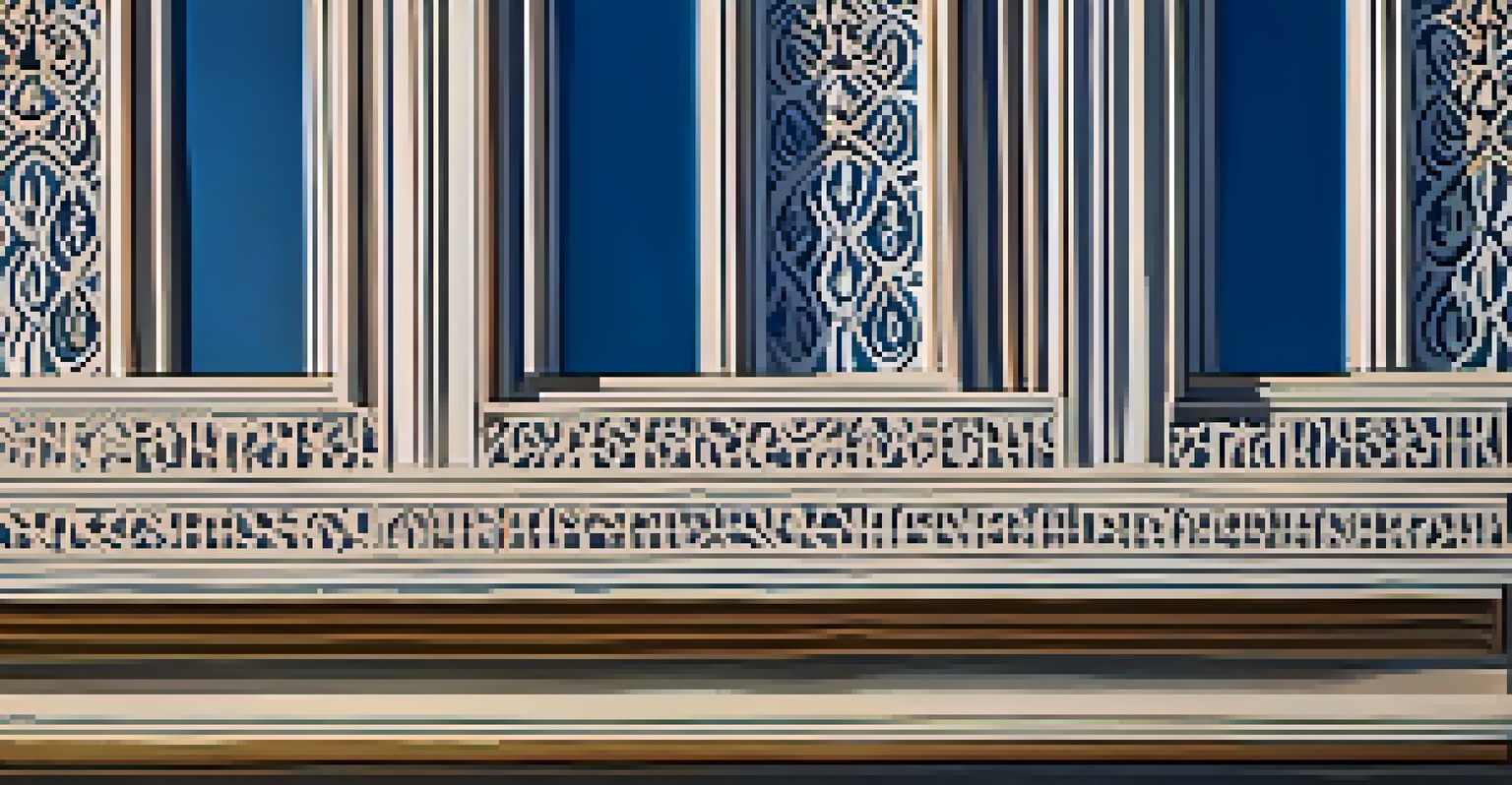 A modern building facade with light carving patterns that cast intricate shadows, enhanced by natural sunlight.