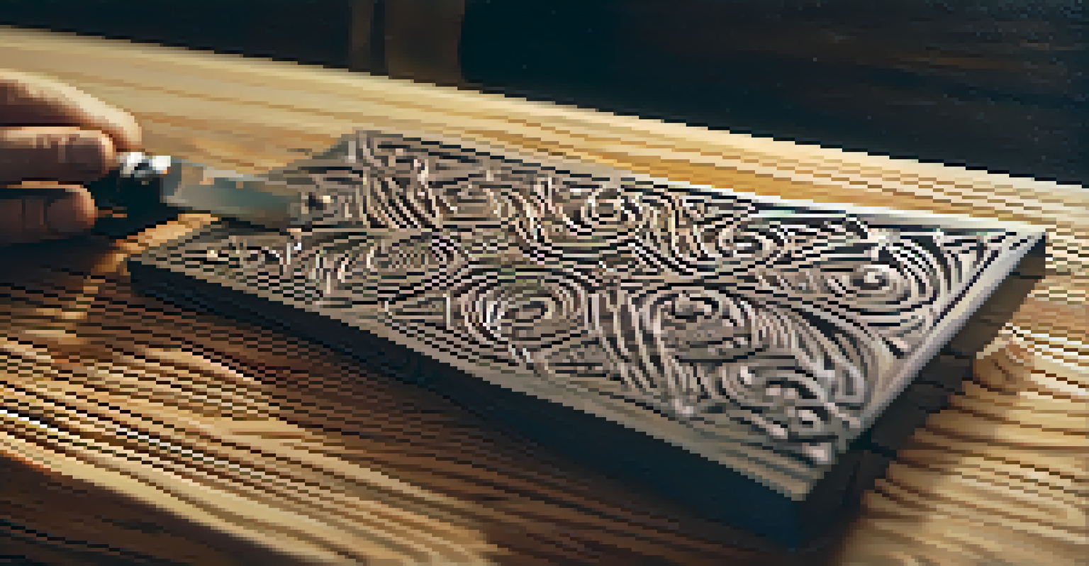 A close-up of a hand holding a carving knife above a marked piece of wood, highlighting safety and precision.