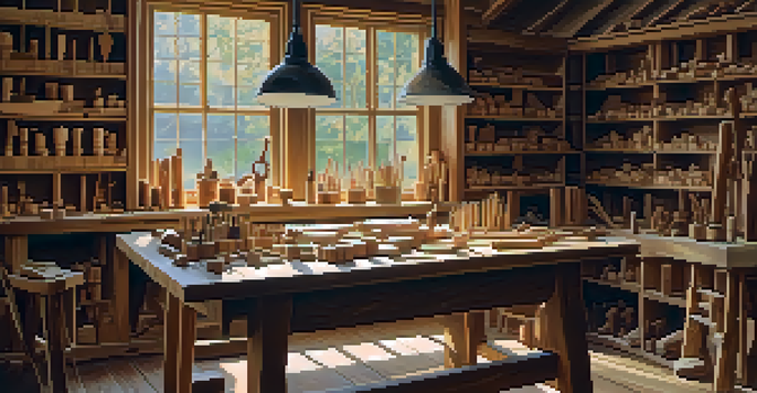 A cozy woodworking workshop with a wooden table, whittling tools, a half-carved spoon, and shelves of wood blocks, bathed in soft natural light.