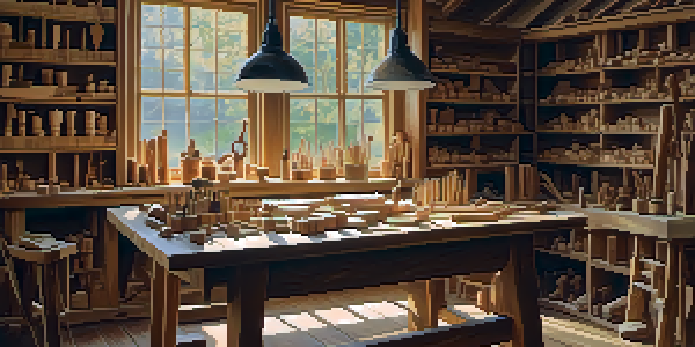 A cozy woodworking workshop with a wooden table, whittling tools, a half-carved spoon, and shelves of wood blocks, bathed in soft natural light.