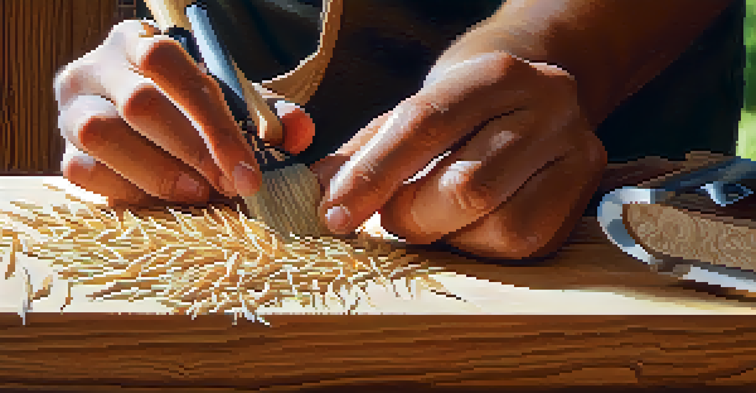 Close-up of hands carving wood with tools, surrounded by wood shavings, set against a softly blurred green background.