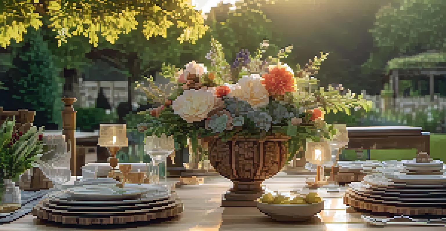 A carved dining table in a garden, beautifully set with floral arrangements and rustic dinnerware under warm golden hour lighting.