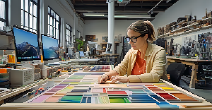 A contemporary female artist in a bright studio, working on digital fabrication with 3D printers and colorful materials.