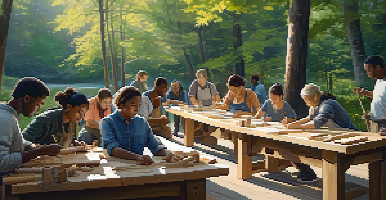 A diverse group of individuals engaged in a carving workshop outdoors, surrounded by nature and sunlight filtering through trees.