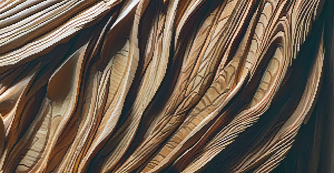 A detailed wooden sculpture with bark and leaf textures, illuminated by soft lighting against a blurred natural background.