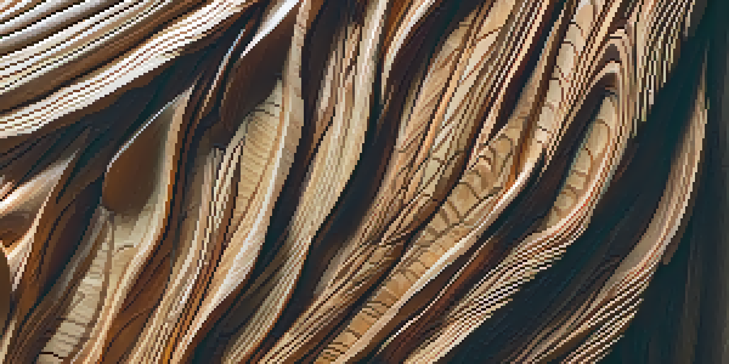 A detailed wooden sculpture with bark and leaf textures, illuminated by soft lighting against a blurred natural background.