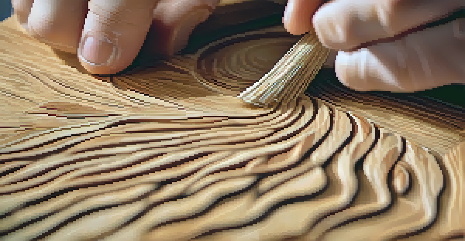 Close-up of hands carving a design into wood, showcasing the fine shavings and wood texture.