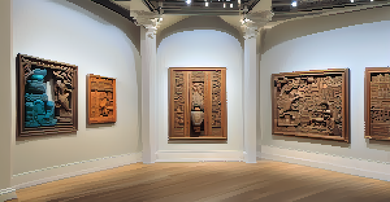 A gallery space filled with contemporary carved artworks, illuminated by spotlights showcasing diverse sculptures.
