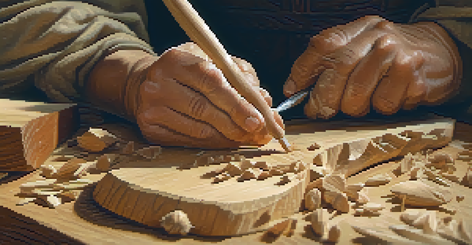 A close-up of hands carving wood with a chisel, showing detailed craftsmanship and wood shavings around.