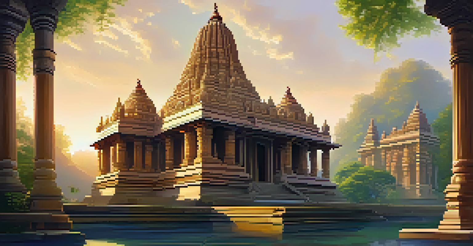 A Hindu temple with intricate stone carvings illuminated by golden hour light.