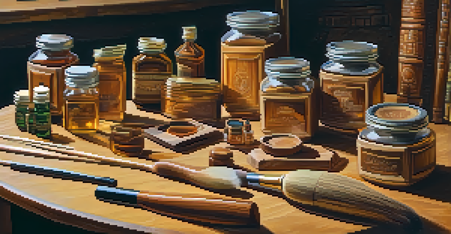 A finished wooden carving on a table with jars of finishing products and a brush, all warmly lit.
