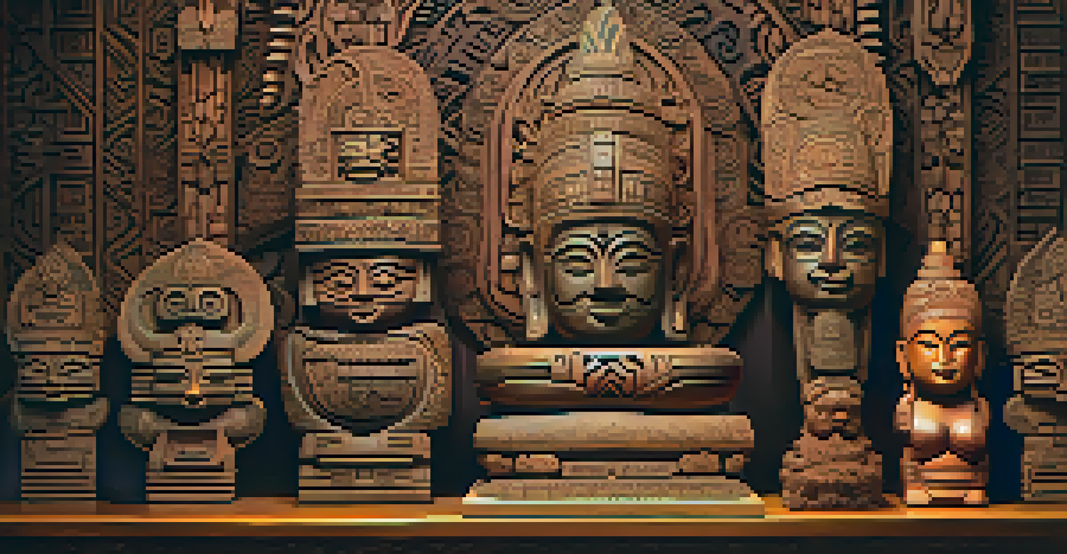 A variety of cultural carvings on a wooden table, including a Balinese deity, African patterns, and Maori figures, presented in warm lighting.
