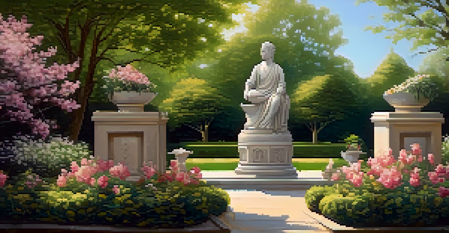 A stone sculpture in a garden, featuring intricate carvings that represent cultural heritage, surrounded by flowers and filtered sunlight.