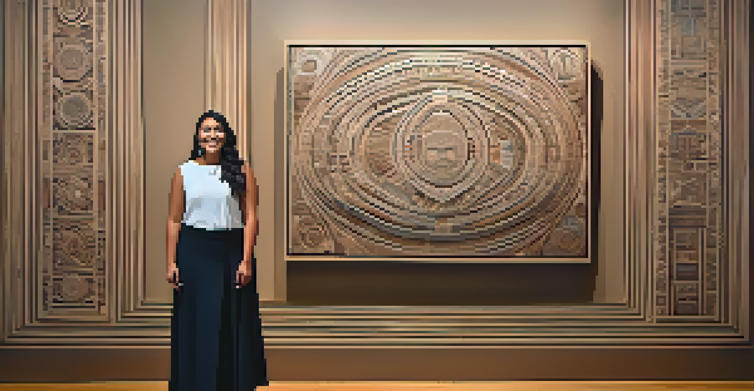 A contemporary Indigenous woman artist beside her large, modern carving in a gallery, highlighting her connection to both traditional and contemporary art.
