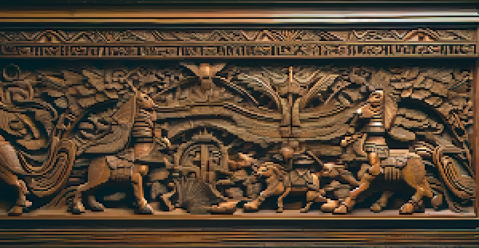 A detailed wooden panel showcasing intricate carvings of a mythological scene with soft lighting and warm colors.