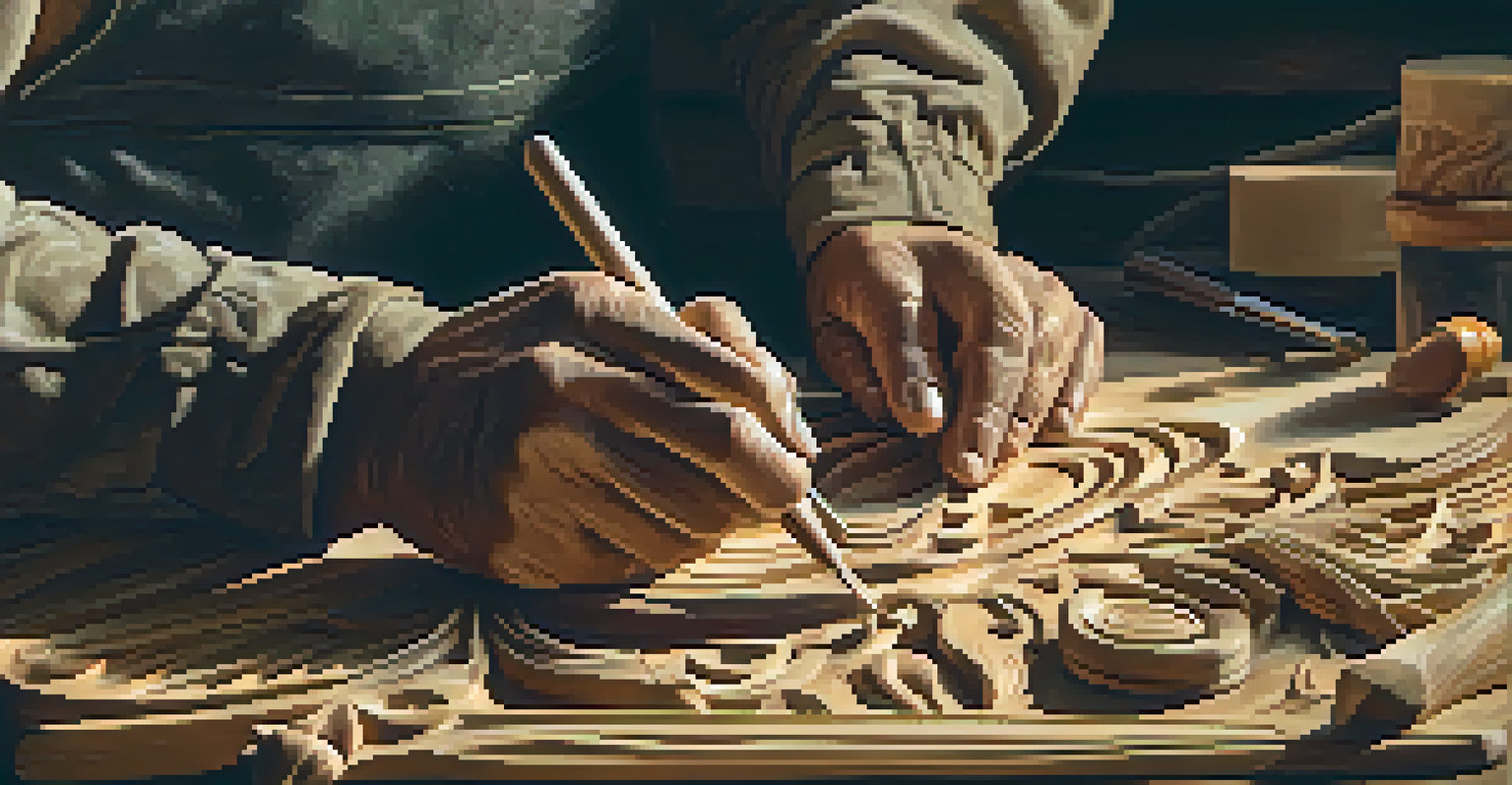 An artisan's hands carefully carving a wooden sculpture, showcasing detailed craftsmanship and tools.
