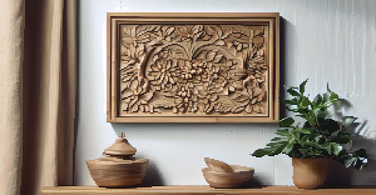 A display of relief carvings in home decor, including a wall plaque and a coaster, arranged on a rustic shelf with plants.